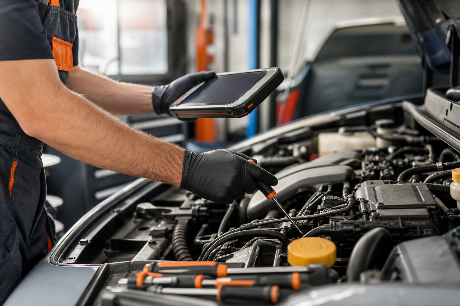 Generated placeholder image of diagnostic work in an automotive service bay.